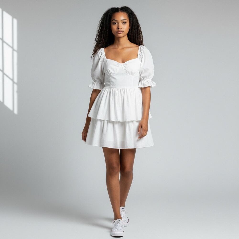 Altar’d State Layered Smocked Short Sleeve Dress Size M Medium White